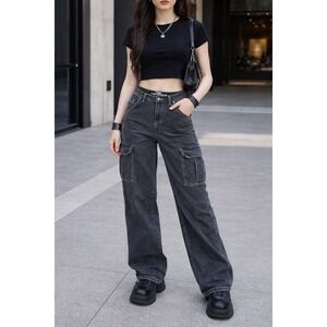 HT‎ Denim Hi-Rise Carpenter Cargo Jeans Black Contrast Stitch Wide Leg Size 9